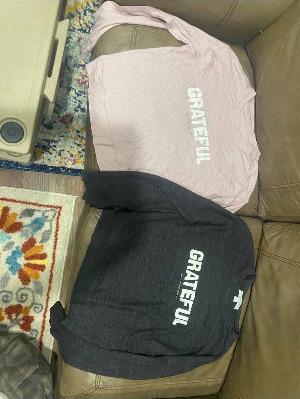 Spiritual Gangster GRATEFUL Long-Sleeve sweater - Pink & Charcoal. $20 each